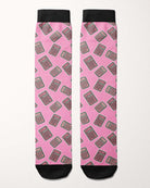 Boobies Limited Edition boot socks, calculator print on pink, flat lay of the pair, by Dreamers & Schemers