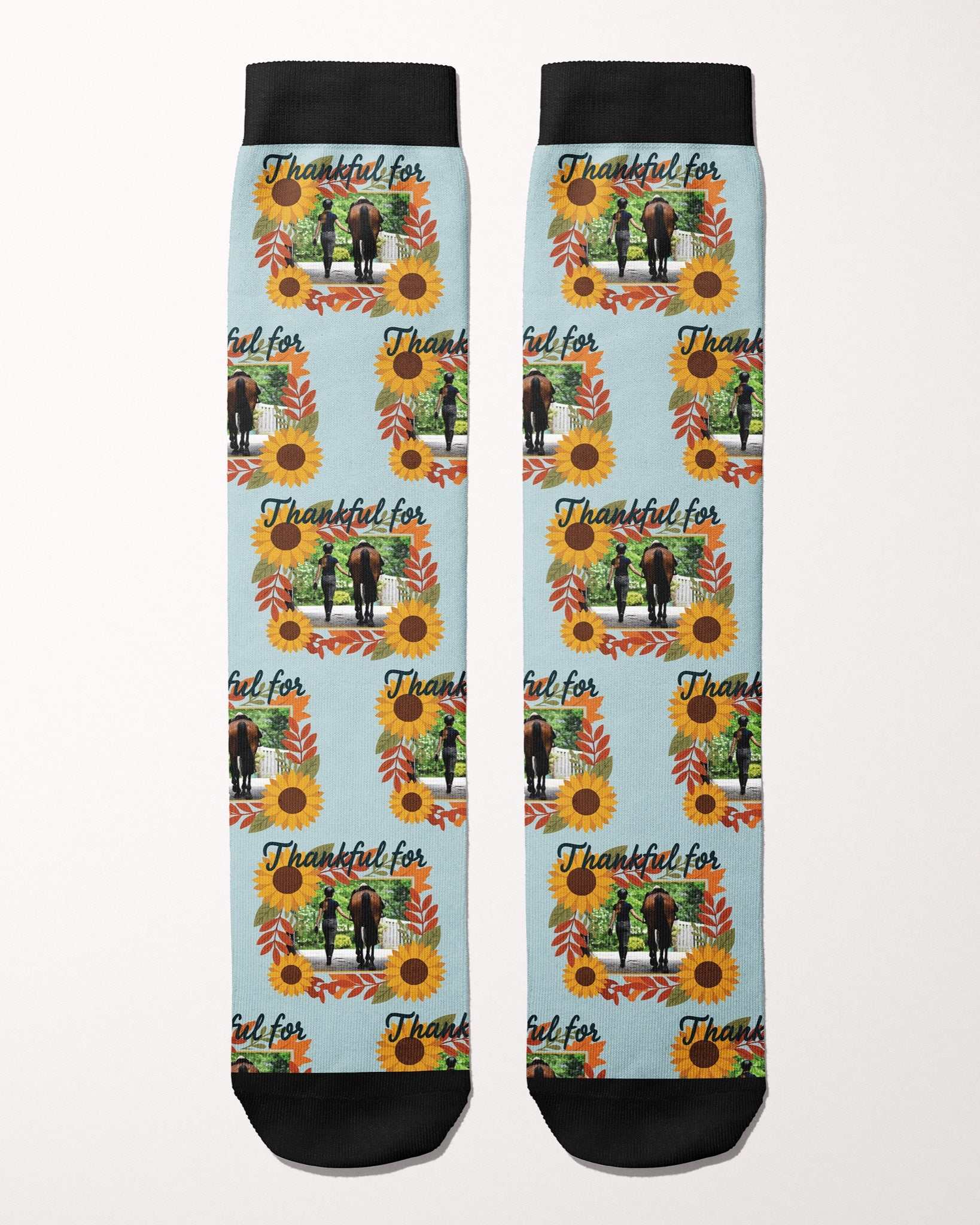 Thankful For custom photo equestrian boot socks, flat lay of the pair, by Dreamers & Schemers