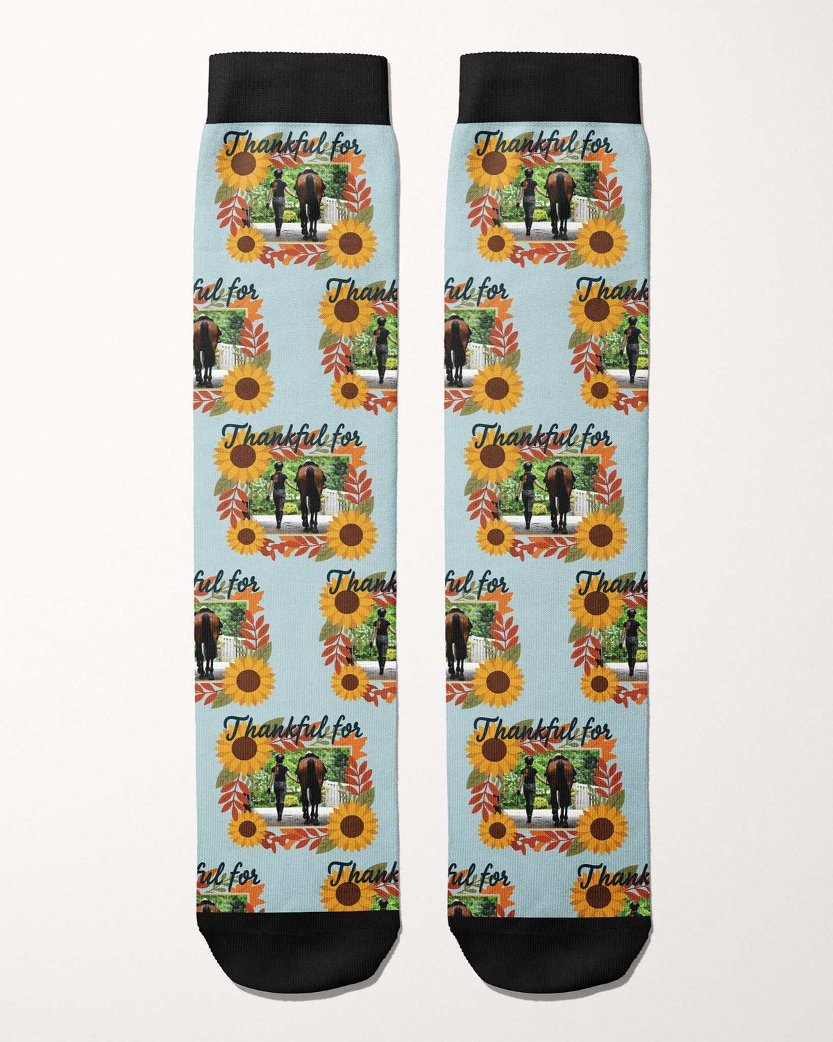 Thankful For custom photo equestrian boot socks, flat lay of the pair, by Dreamers & Schemers