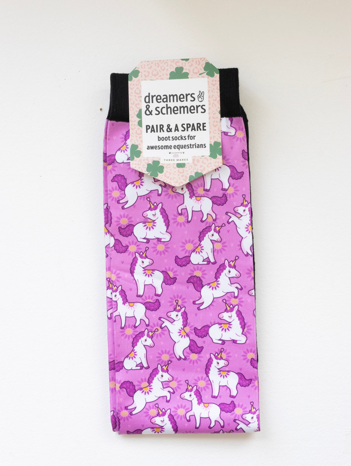 Sunshine and Unicorns Pair & a Spare equestrian boot socks in their header card, by Dreamers & Schemers