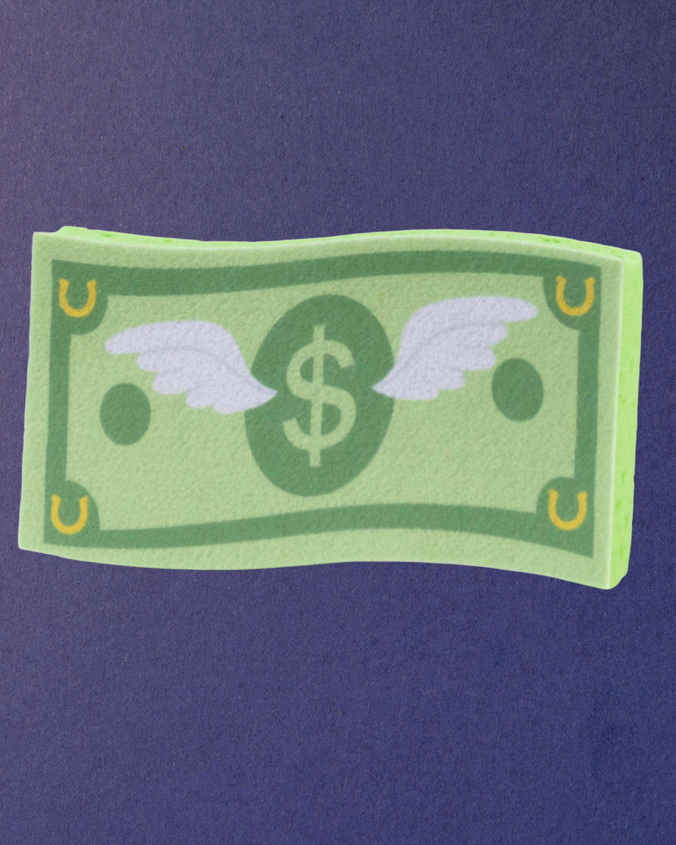Cash Money expanding horse bath sponge on a navy background, printed side facing up