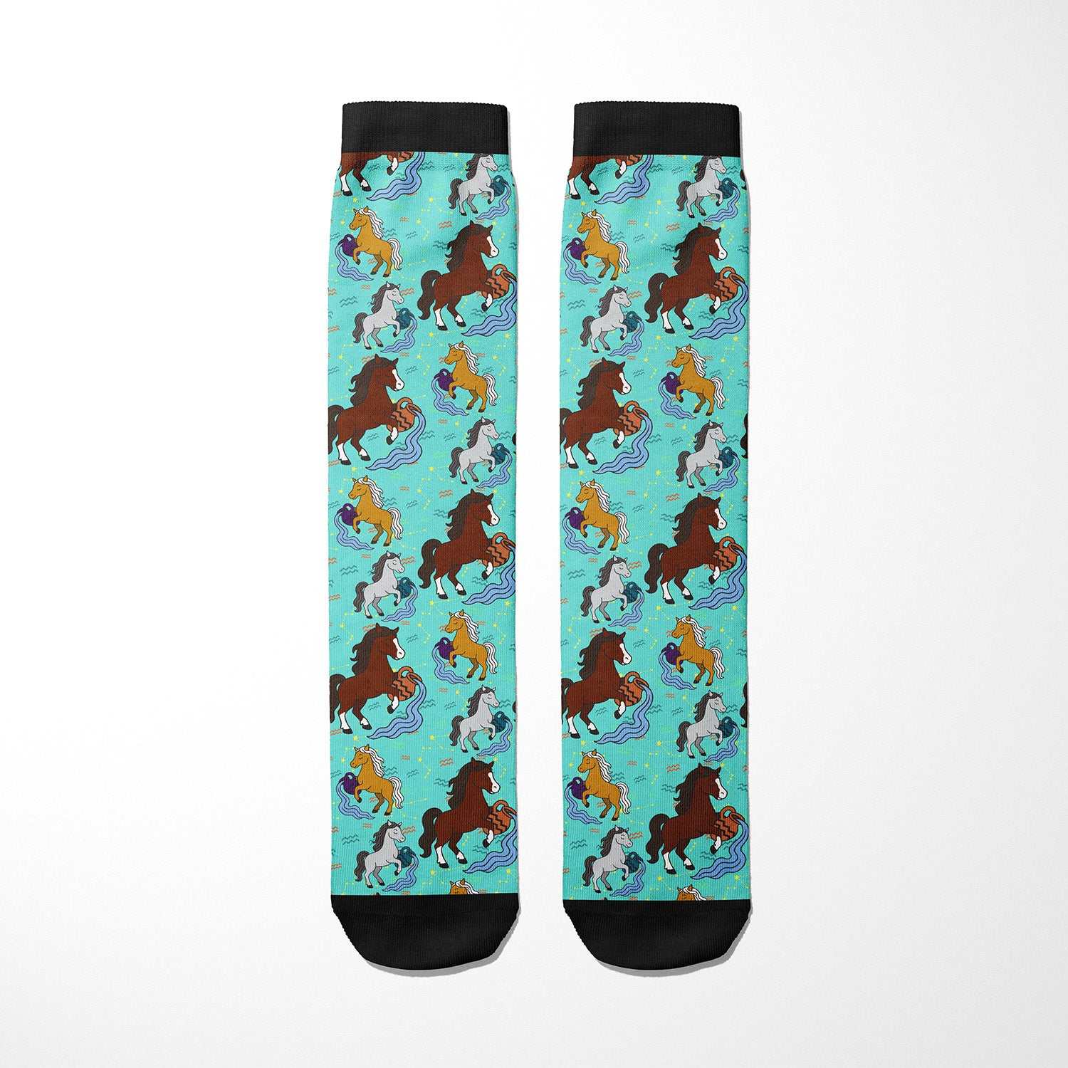 Aquarius zodiac boot socks with colorful horse pattern and black cuffs