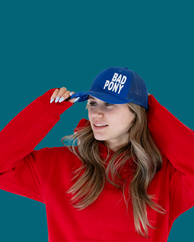 Bad Pony all-around trucker hat with embroidered logo and adjustable snapback