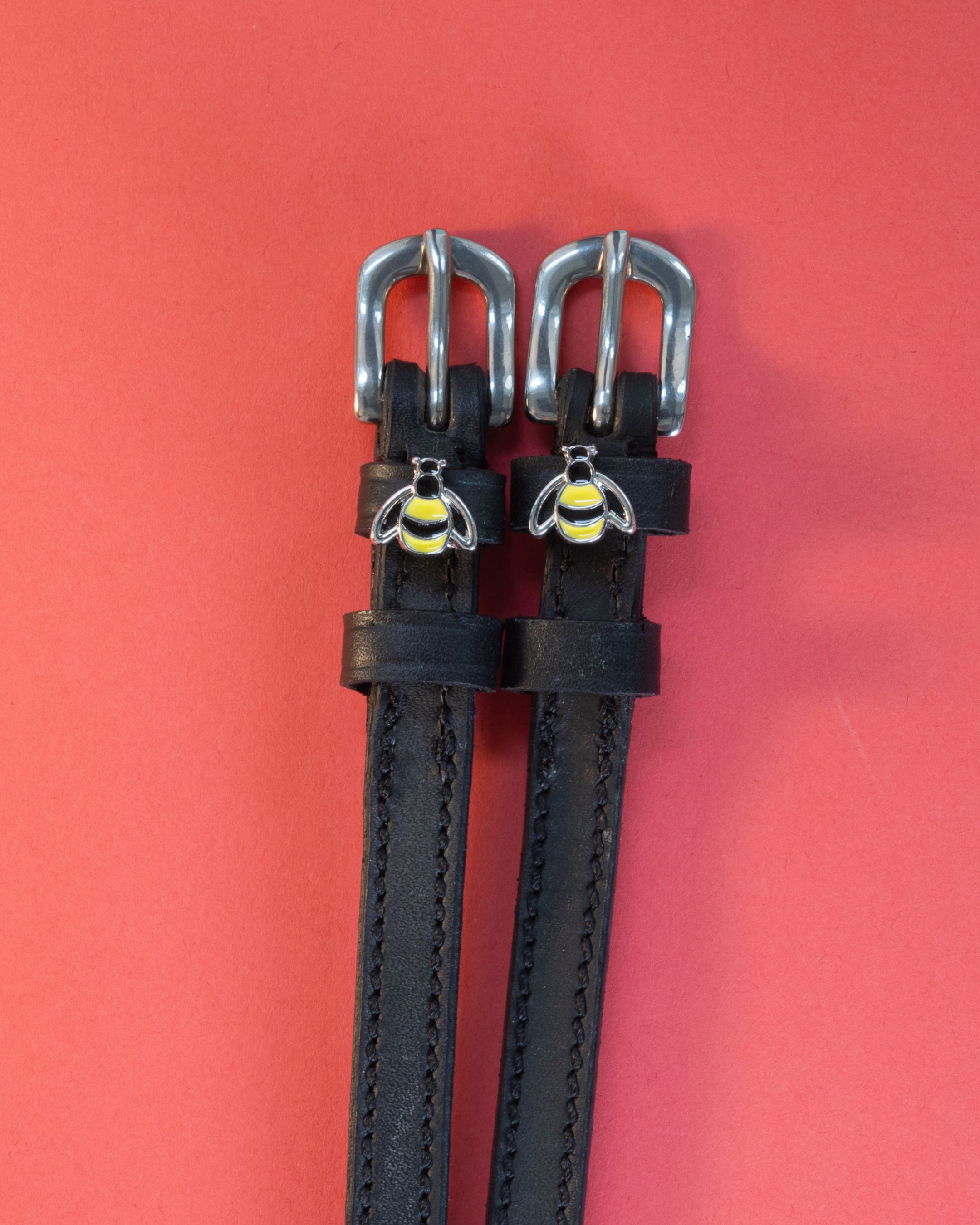 Pair of black leather ManeJane bee spur straps with silver buckles on a red background