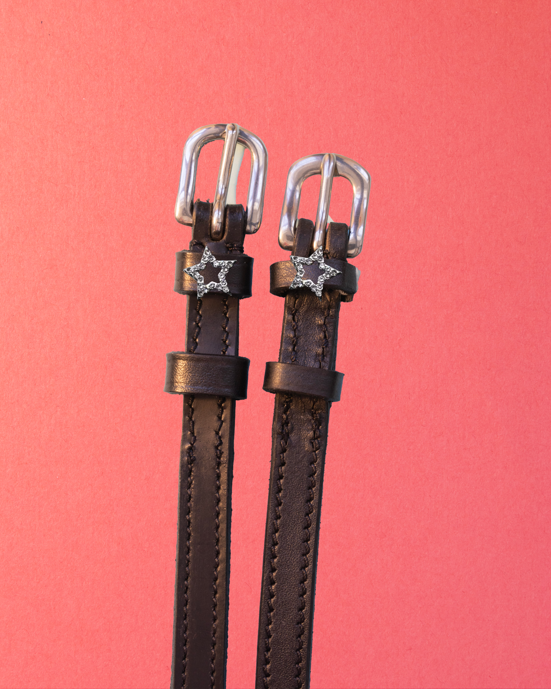 Black leather ManeJane bling star spur straps flat-laid on a coral-red background
