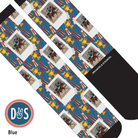 Custom blue boot socks with horse riding photo and winner trophy pattern