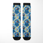 Custom blue ribbon and winner-themed boot socks with personalized photo design