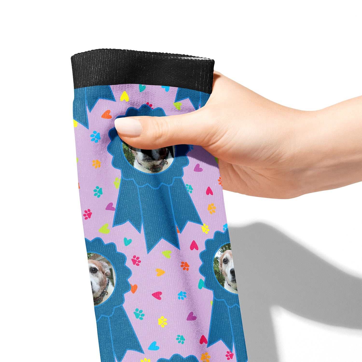 Custom blue ribbon and paw print boot socks with personalized photo on Dreamers & Schemers fabric