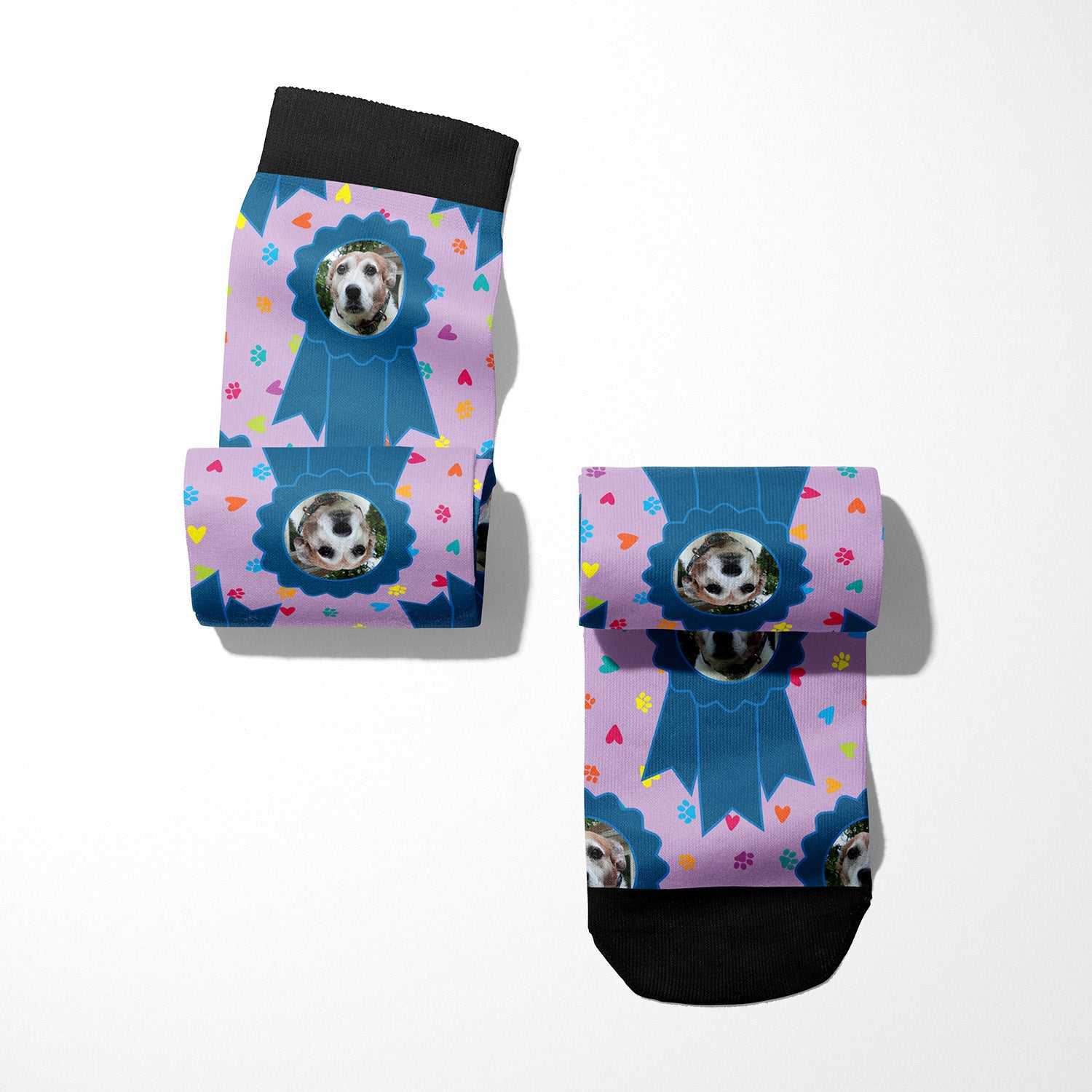 Custom boot socks with blue ribbon and paw print design, personalized with your favorite photo