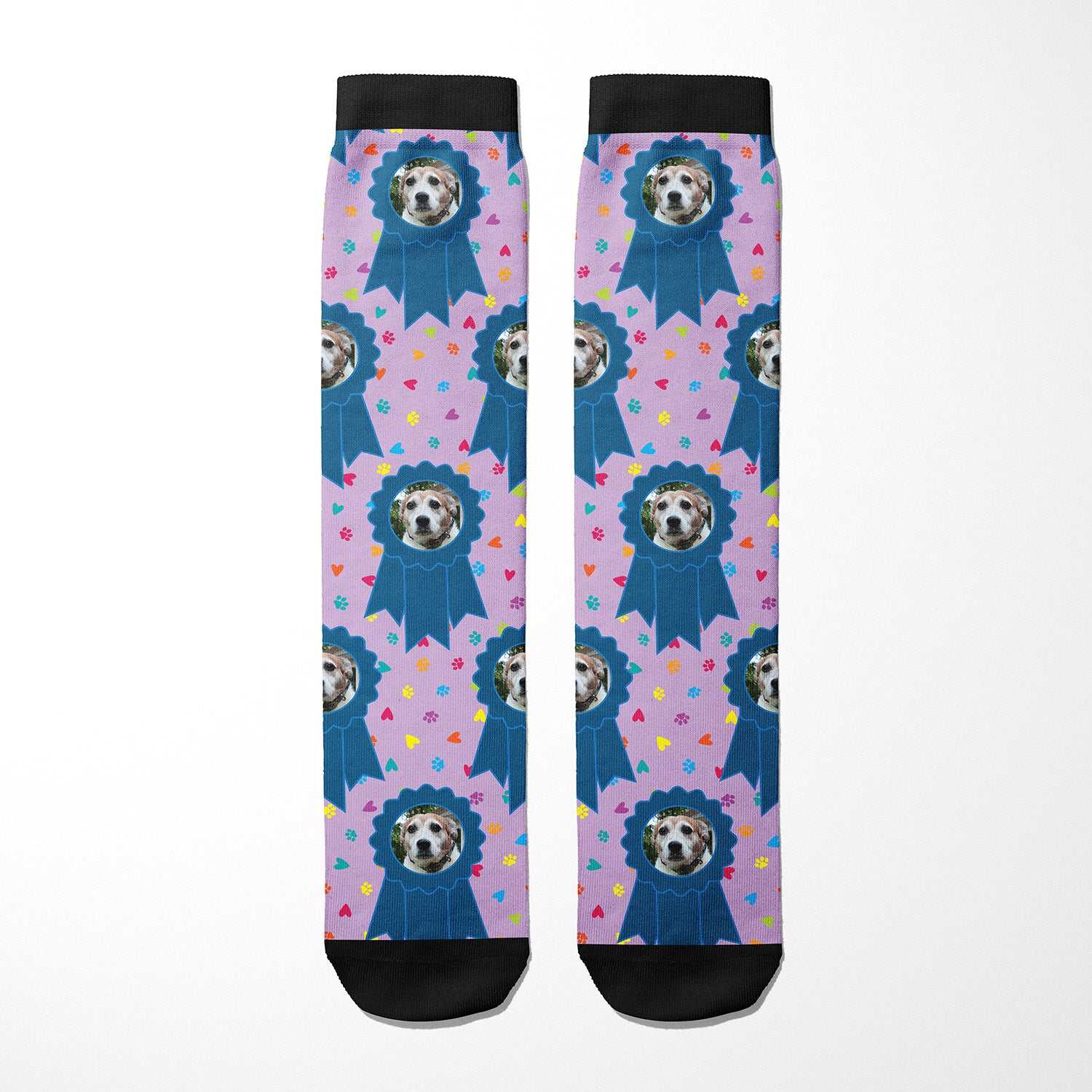 Custom blue ribbon boot socks with personalized photo design