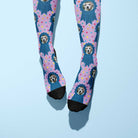 Custom blue ribbon and paw print boot socks with personalized photo design