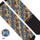 Custom blue boot socks with cat and trophy pattern by Dreamers & Schemers