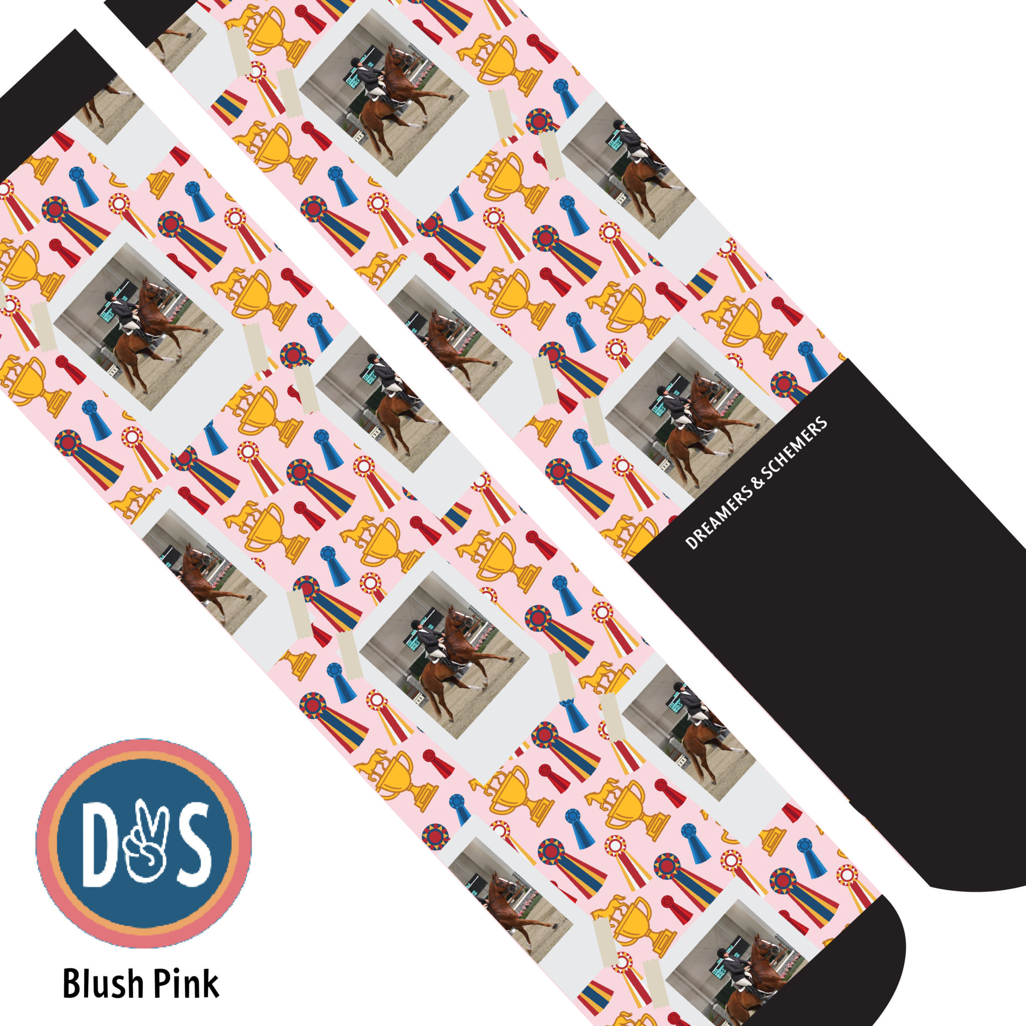 Custom blush pink boot socks with horse photo and winner-themed pattern featuring trophies and ribbons