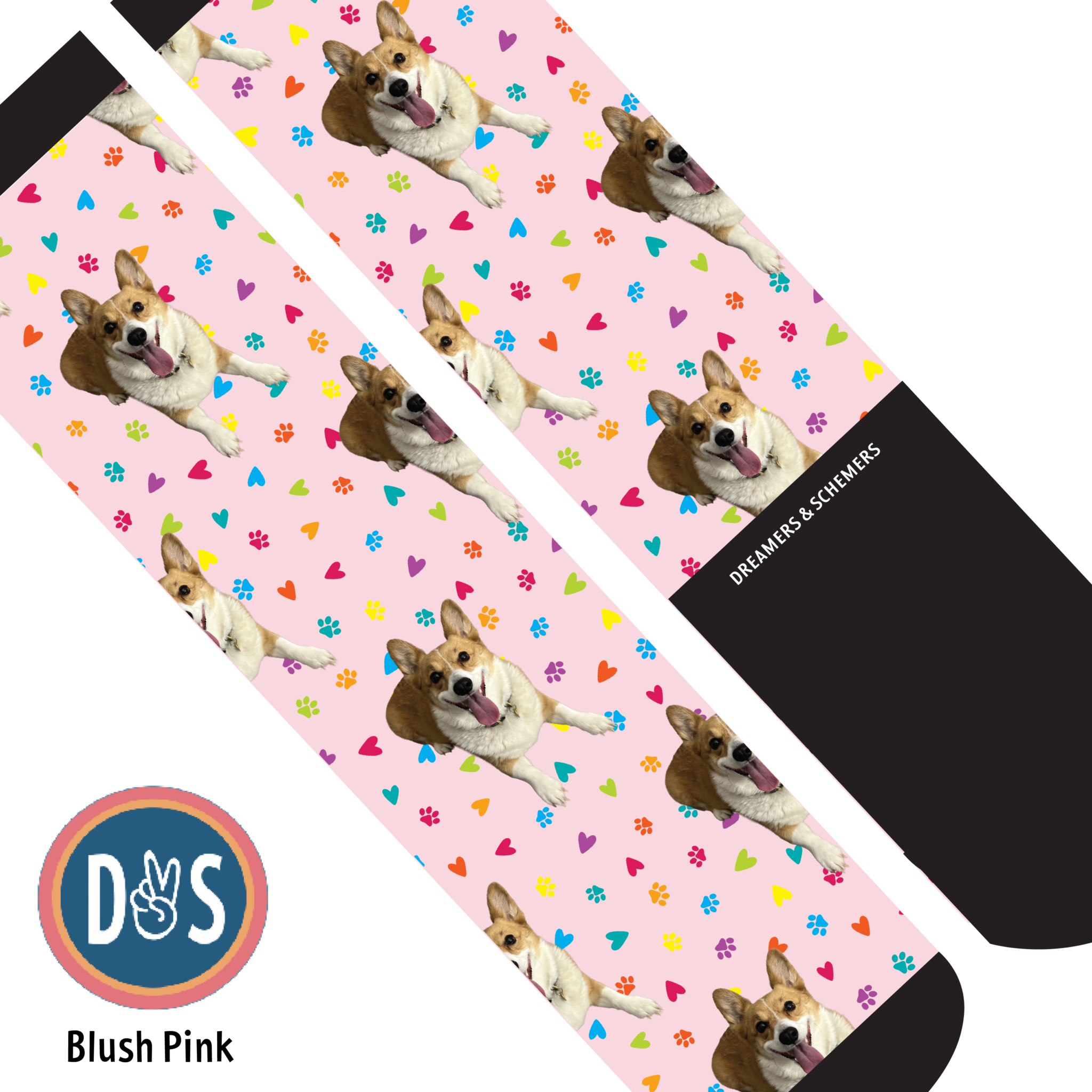 Custom boot socks with blush pink background and corgi dog pattern from Dreamers & Schemers