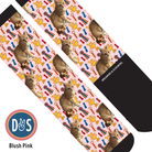 Custom blush pink boot socks with printed cat and award ribbon pattern by Dreamers & Schemers