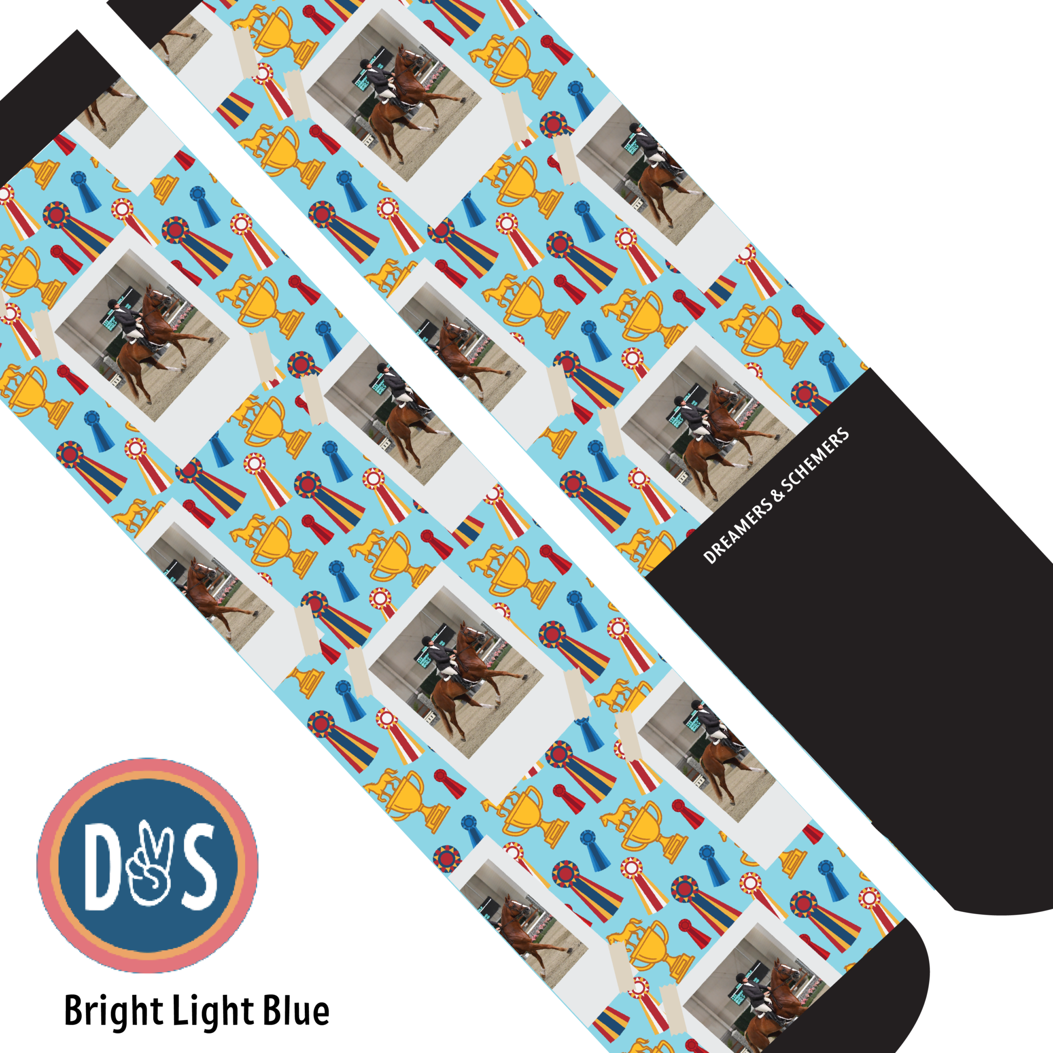 Custom boot socks with horse photo and trophy pattern in bright light blue by Dreamers & Schemers