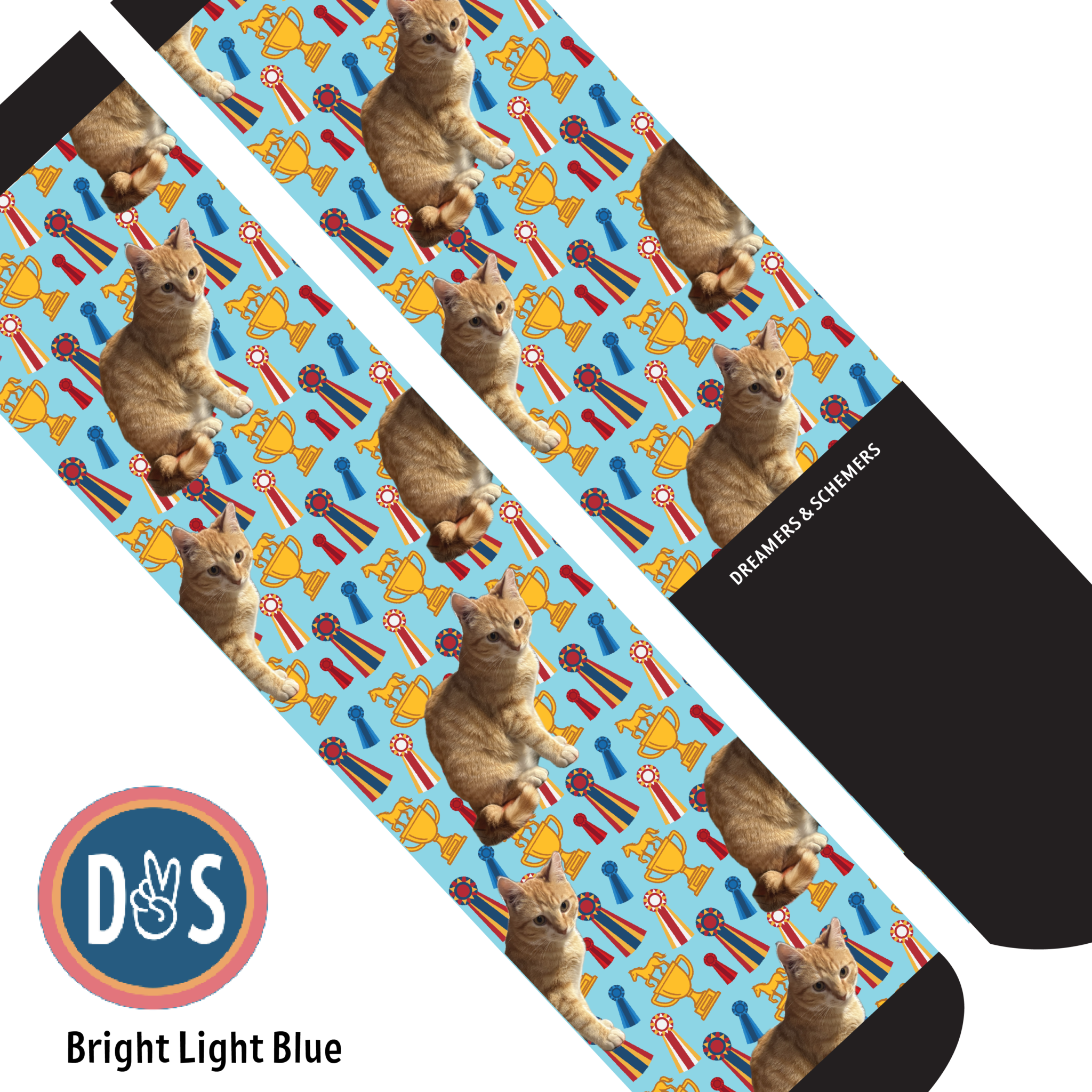 Bright light blue custom boot socks with cat and trophy pattern from Dreamers & Schemers