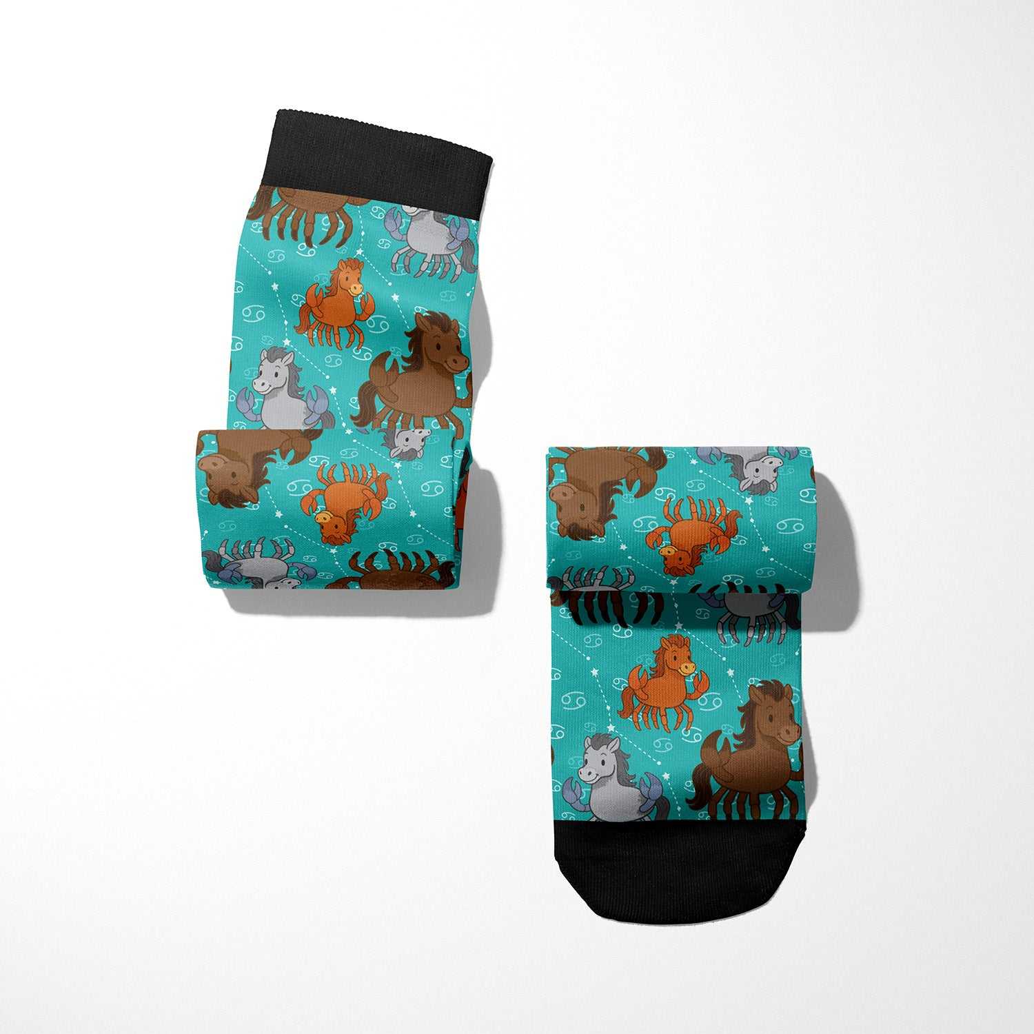 Limited edition Cancer zodiac boot socks with horse patterns in teal, black cuff and toe, made in USA