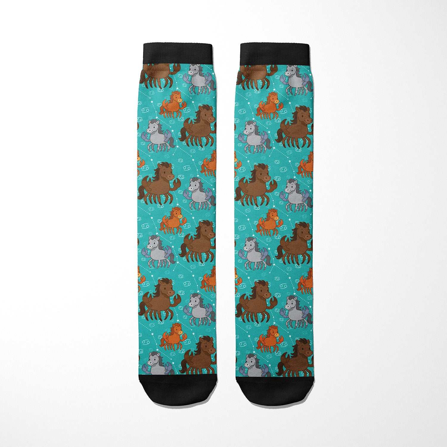 Limited edition Cancer zodiac boot socks with colorful horse pattern, made in USA, cotton blend