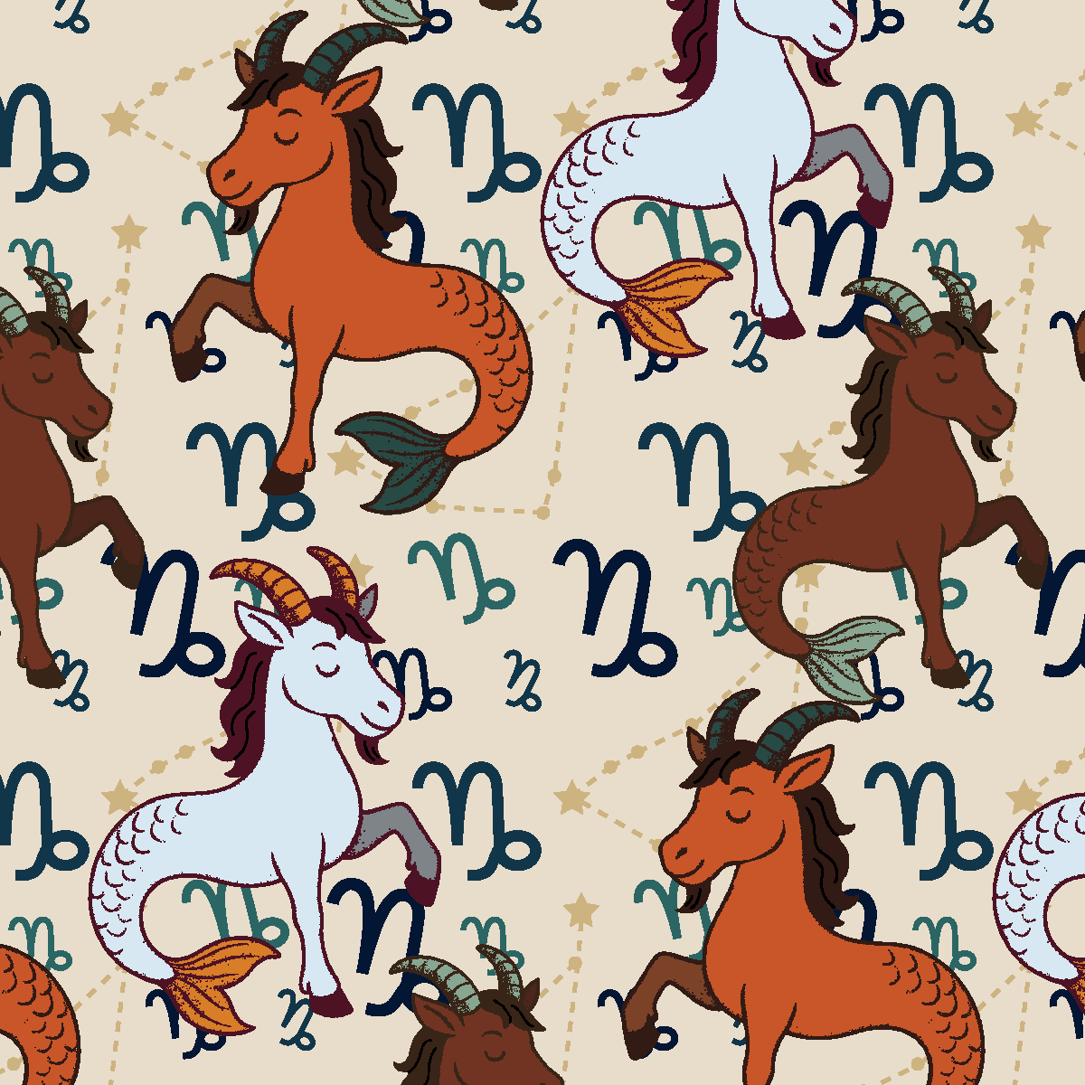 Capricorn zodiac themed boot socks pattern with sea-goats and astrological symbols in brown, orange, and white colors