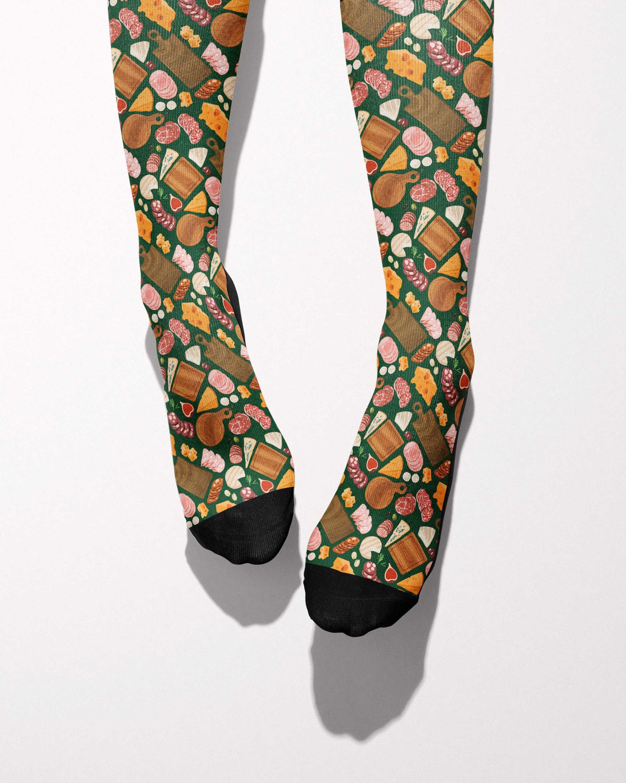 Chacuterie secret limited edition boot socks with charcuterie board food in blue, by Dreamers & Schemers
