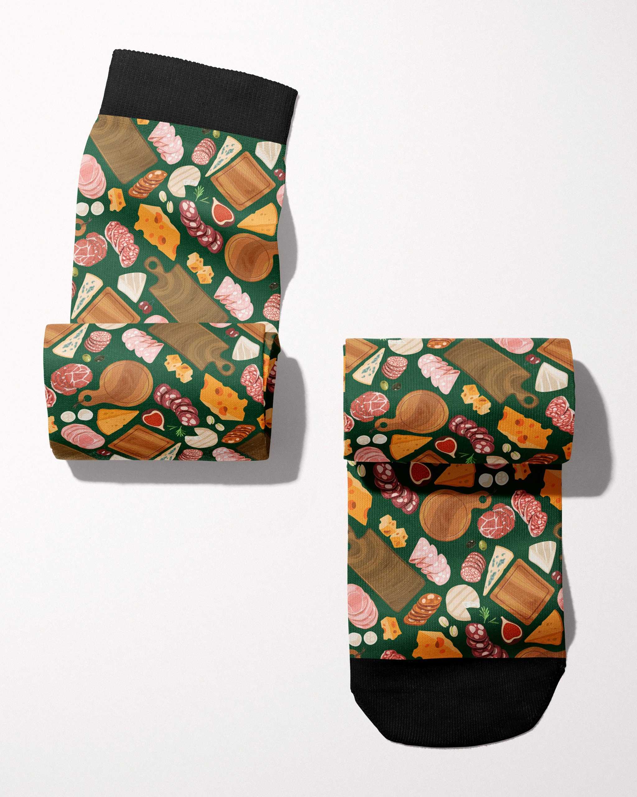 Chacuterie secret limited edition boot socks featuring charcuterie board food, alternate angle, by Dreamers & Schemers