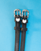 Black leather chicken spur straps with silver buckles on a light blue background