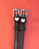 Black leather chicken spur straps with silver buckles on a coral red background