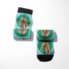 Custom socks with holiday lights and horse design on blue background