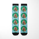 custom socks with horse and holiday lights design on blue background