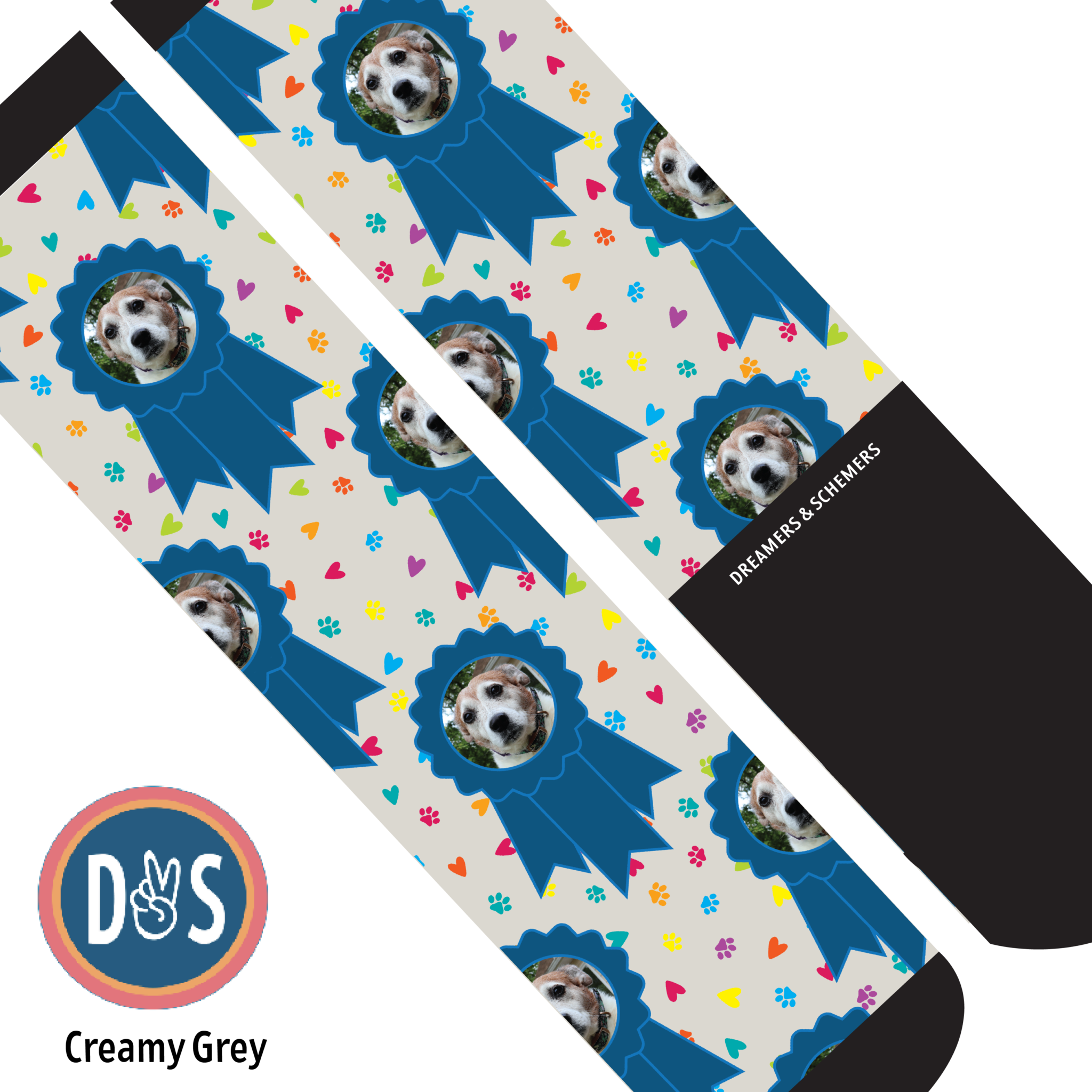 Custom blue ribbon and paw print boot socks with personalized photo design