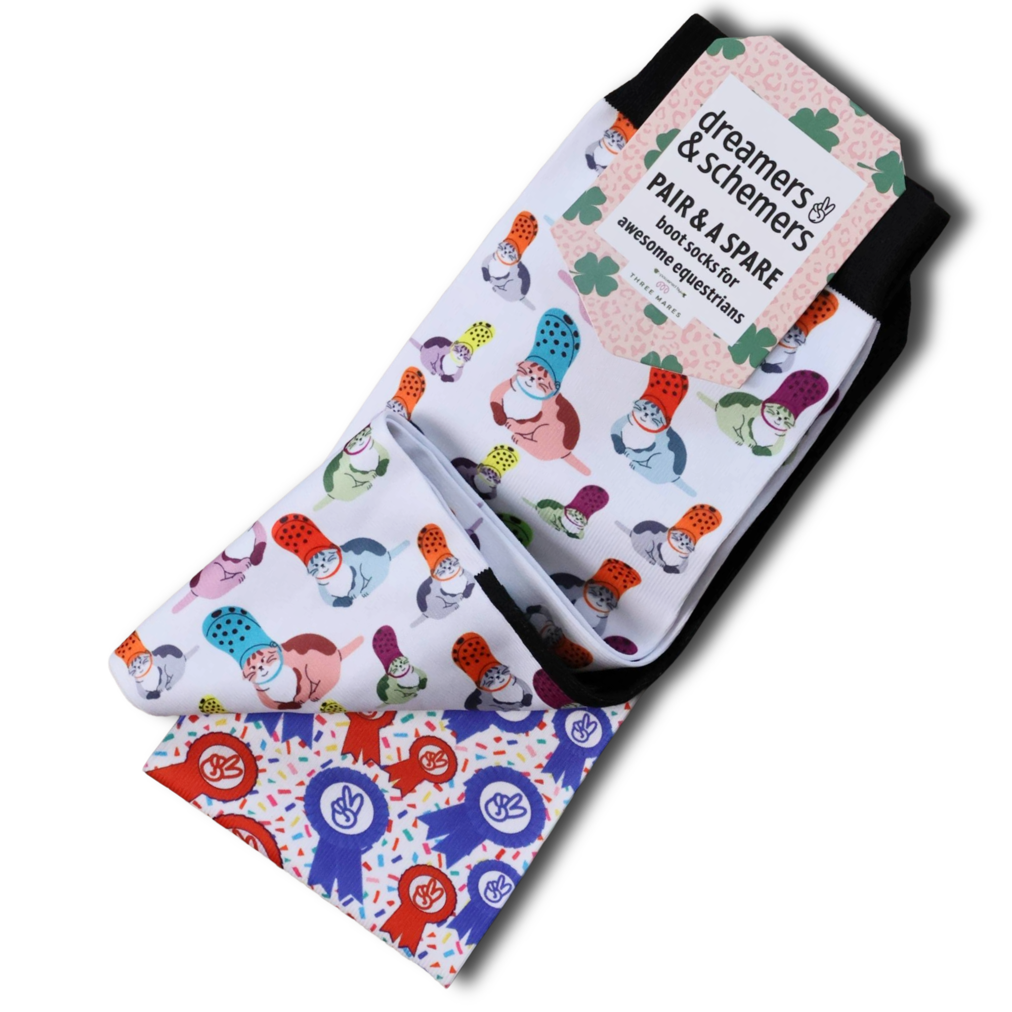 Croc Cat Pair & a Spare equestrian boot socks featuring crocodile cat mashup, alternate angle, by Dreamers & Schemers