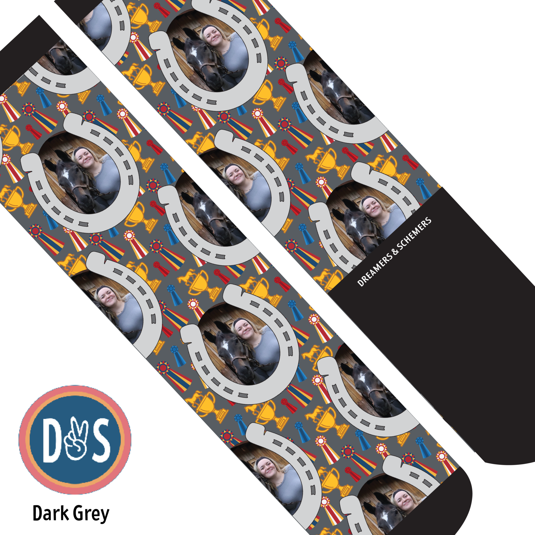 Custom Boot Socks with horseshoes and Winner Winner design, personalized with your photo