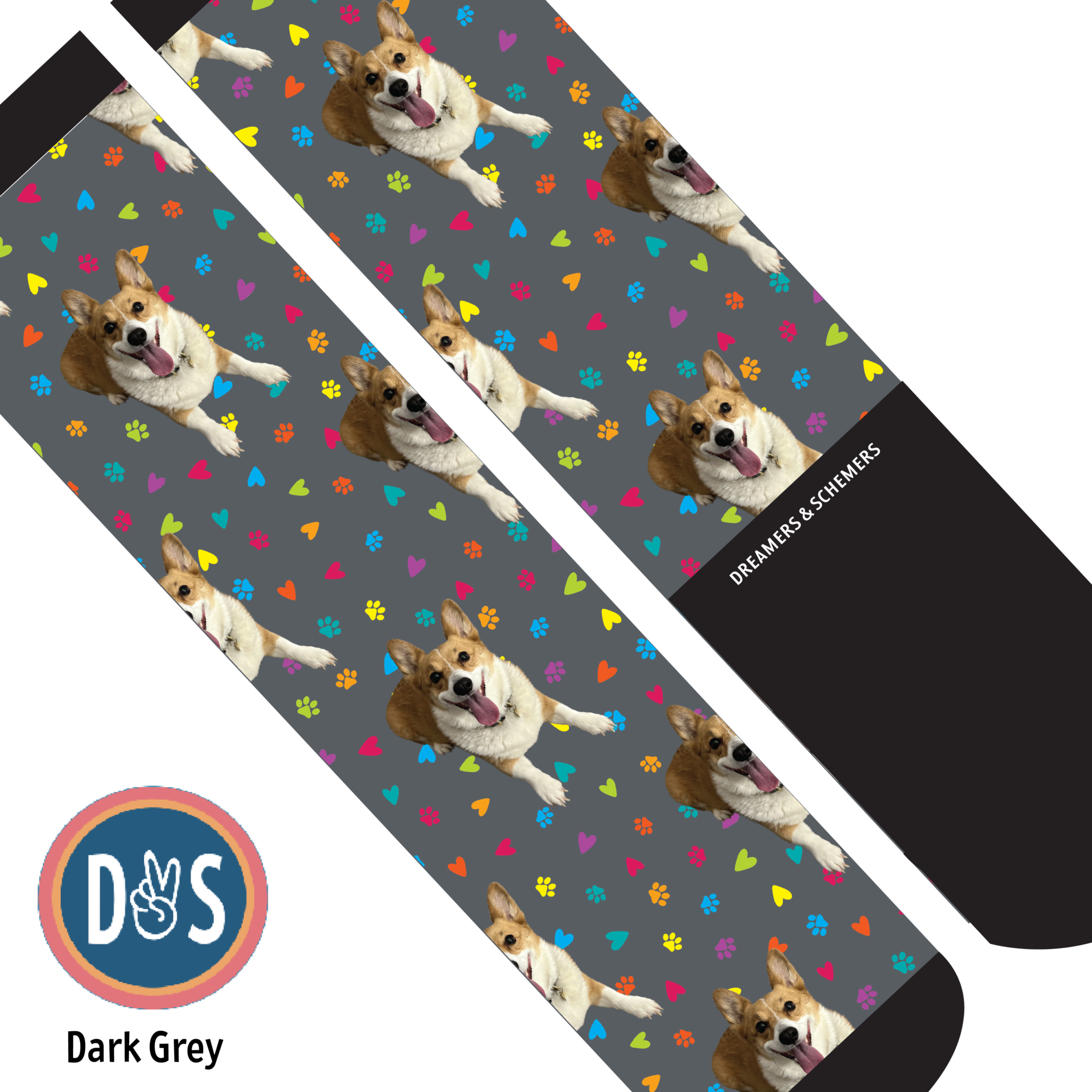 Custom boot socks with dog photo and colorful paw prints on dark grey background