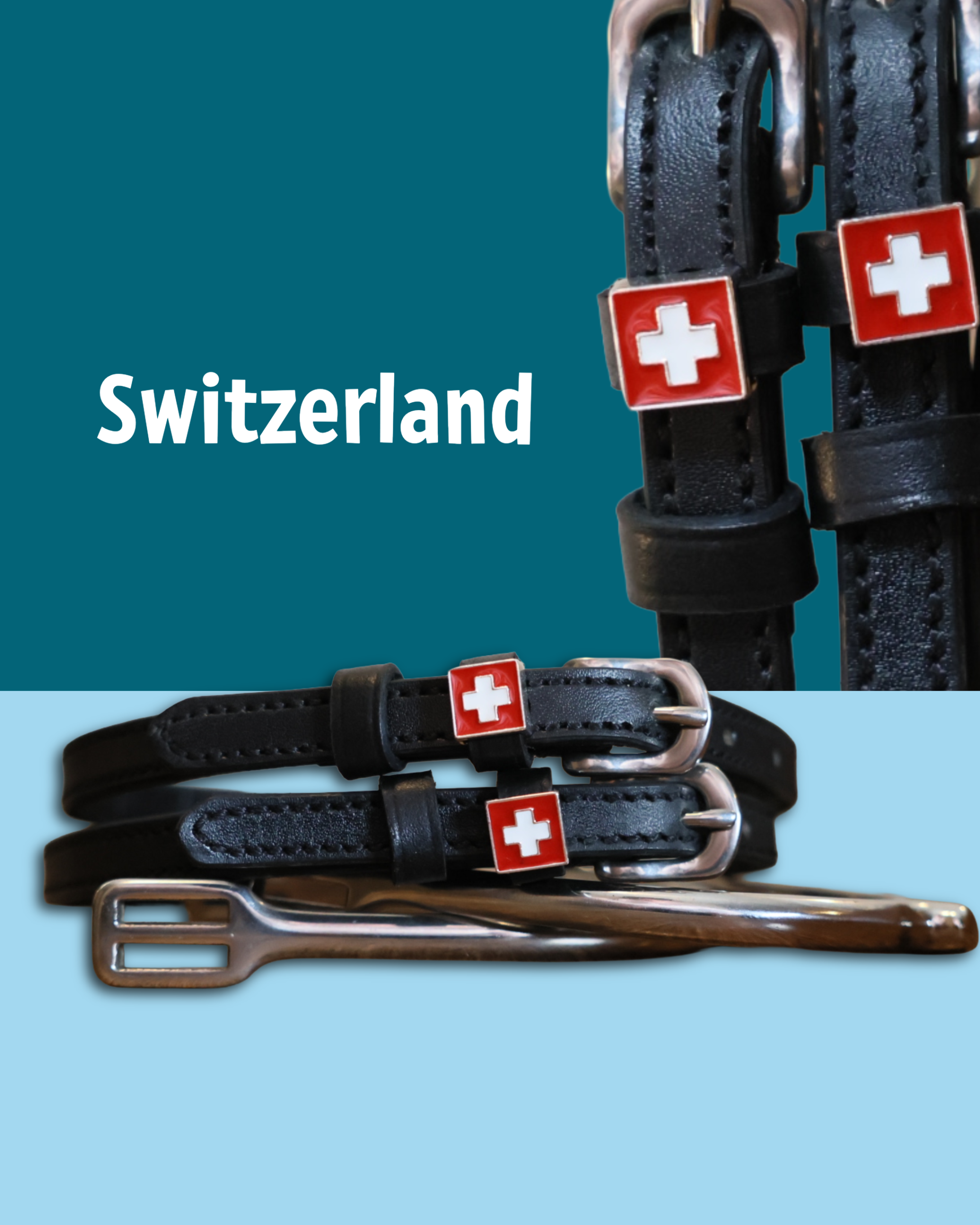 Black leather spur straps with stainless steel buckle and custom charm by ManeJane