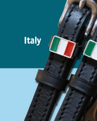 Black leather Italy flag spur straps with stainless steel buckle and custom charm by ManeJane