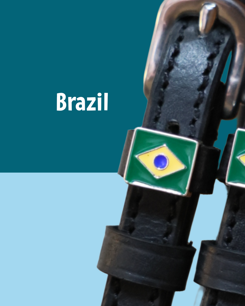 Black leather Brazil flag spur straps with stainless steel buckle and custom charm