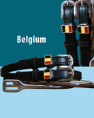 Black leather spur straps with stainless steel buckle and custom charm by ManeJane