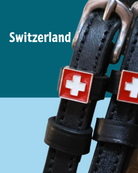 Black leather spur straps with stainless steel buckle and custom charm from ManeJane