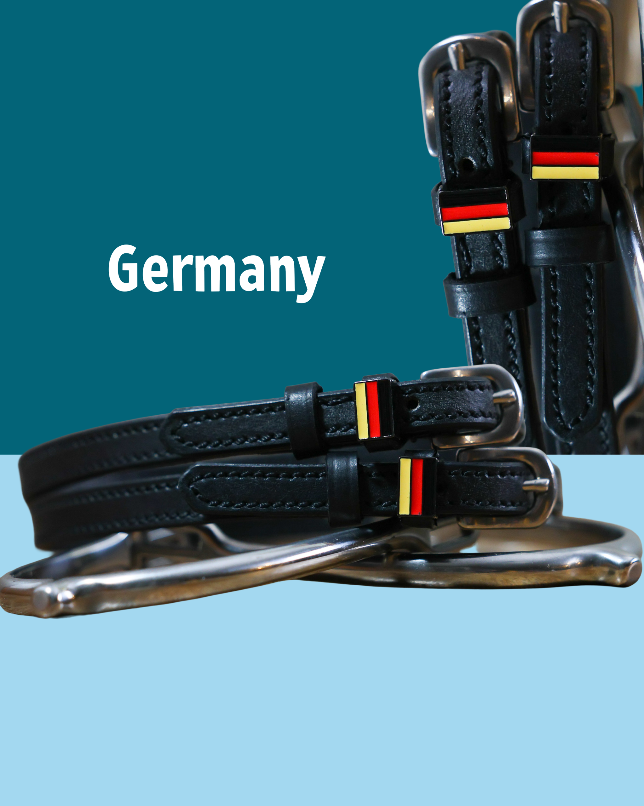 German Flag Spur Straps made of black leather with stainless steel buckle and custom charm