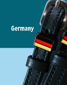 Black leather German flag spur straps with stainless steel buckle and custom charm
