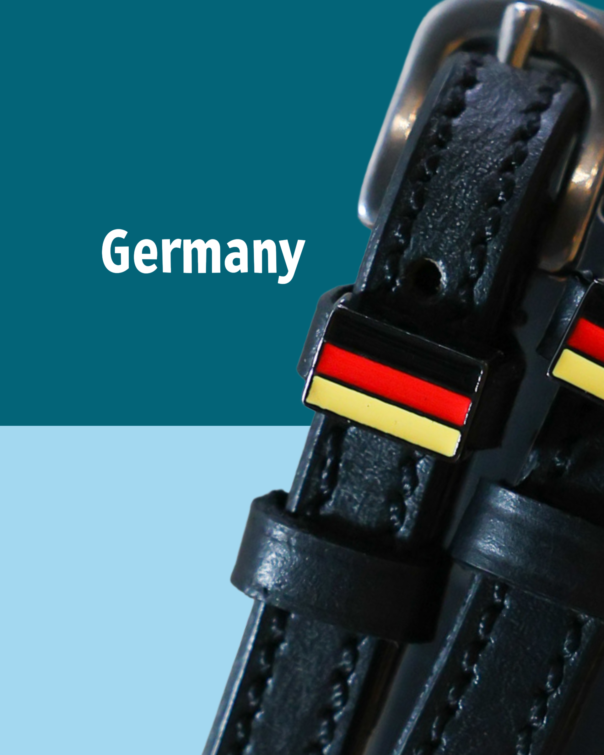Black leather German flag spur straps with stainless steel buckle and custom charm