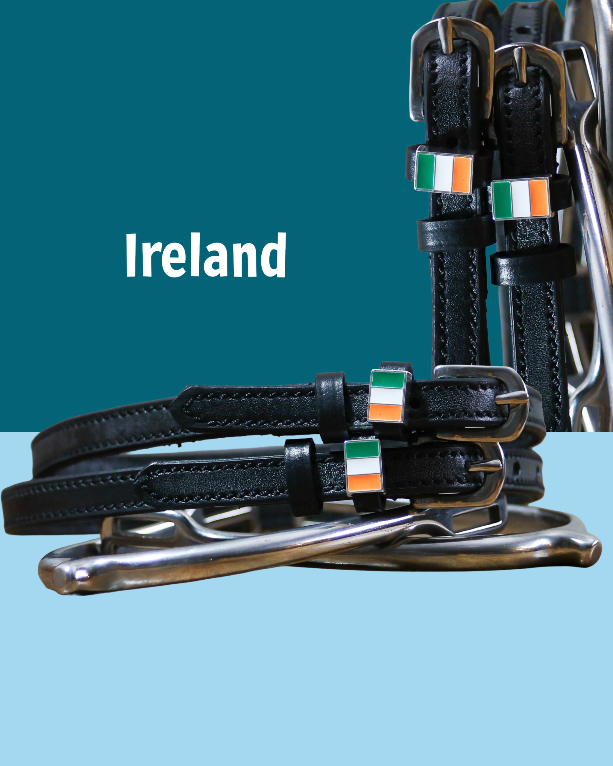 Black leather Irish Spur Straps with stainless steel buckle and custom charm