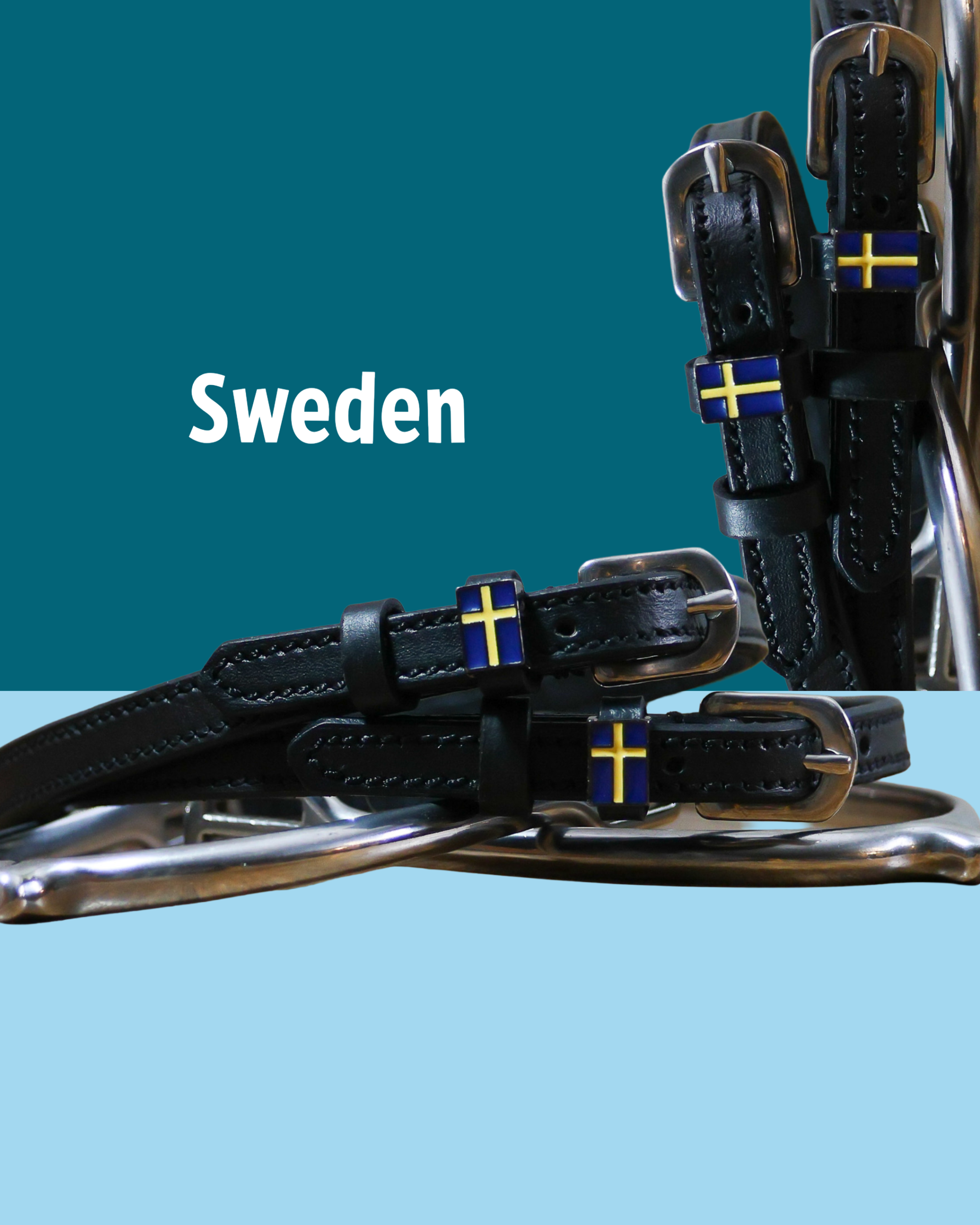 Black leather Swedish flag spur straps with stainless steel buckle and custom charm