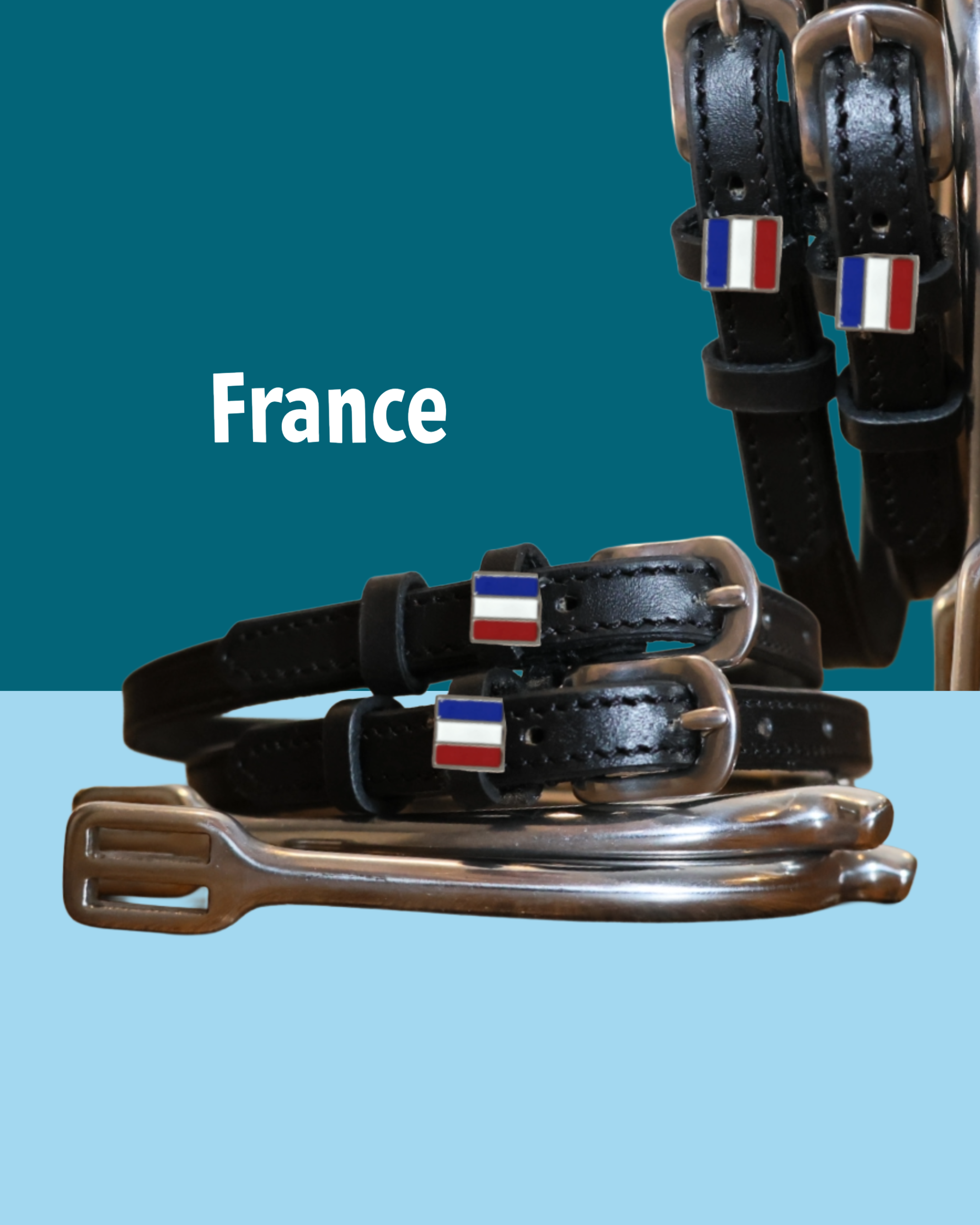 Black leather France flag spur straps with stainless steel buckle and custom charm