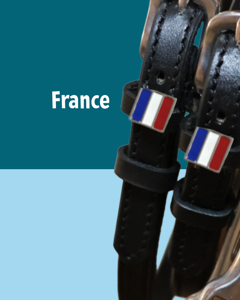 Black leather France flag spur straps with stainless steel buckle and custom charm