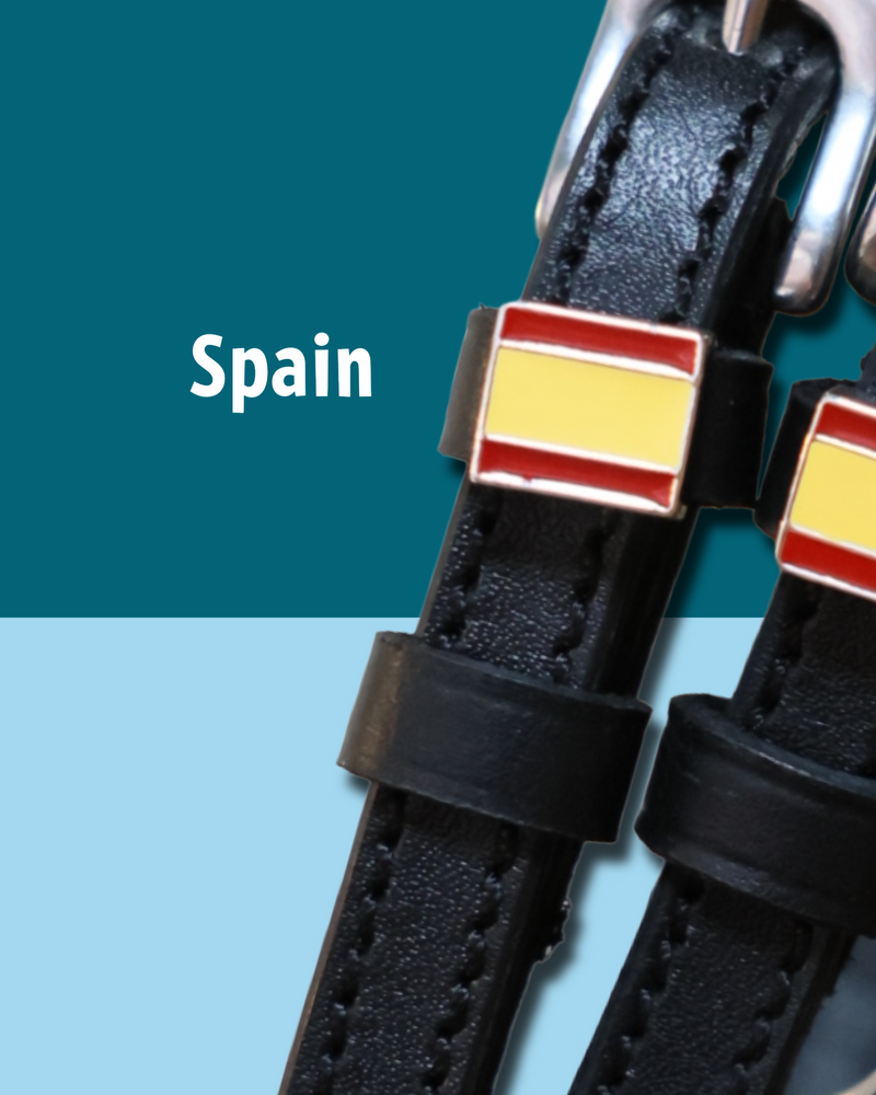 Black leather Spur Straps with stainless steel buckle and custom charm by ManeJane