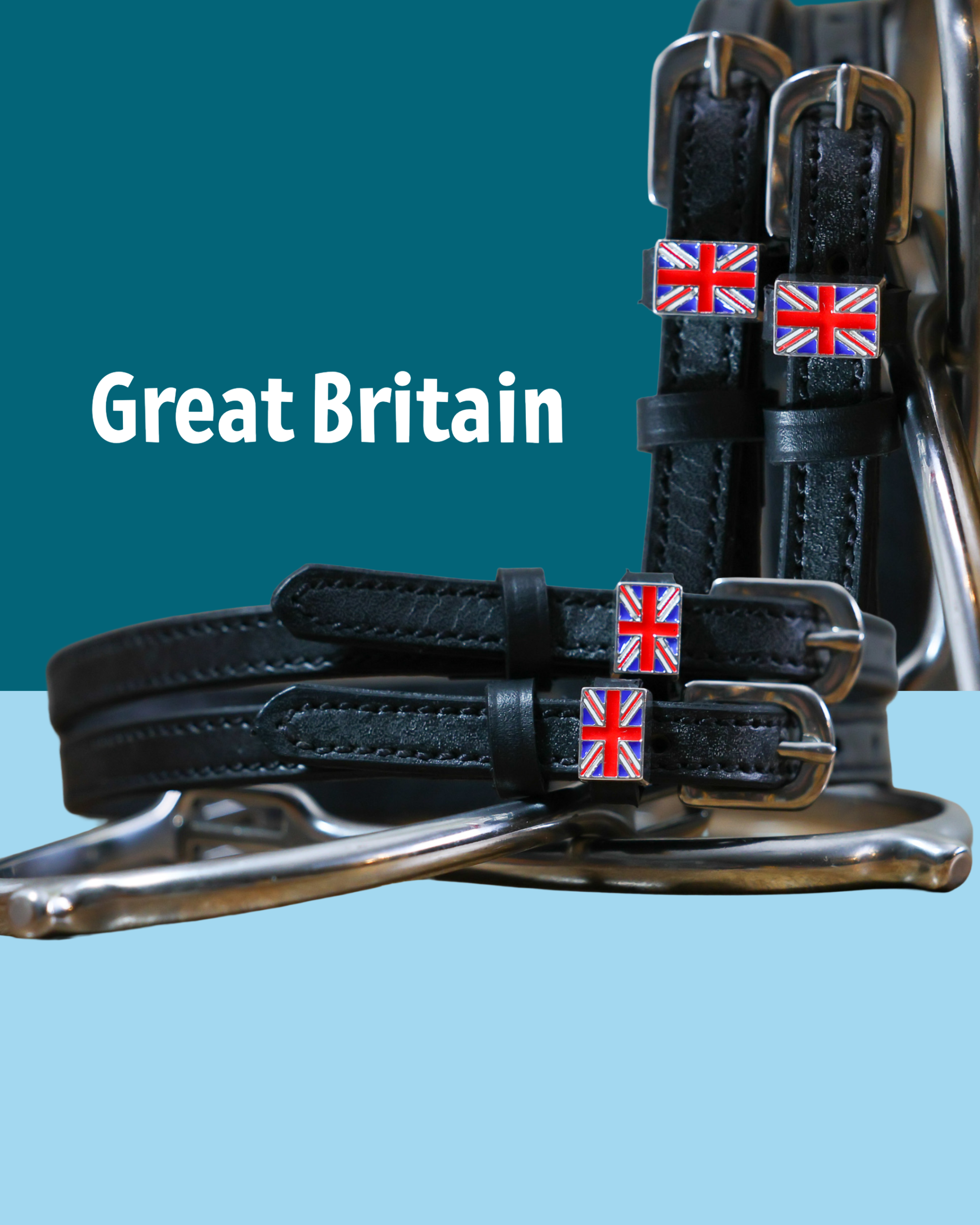 Black leather Great Britain flag spur straps with stainless steel buckle and custom charm