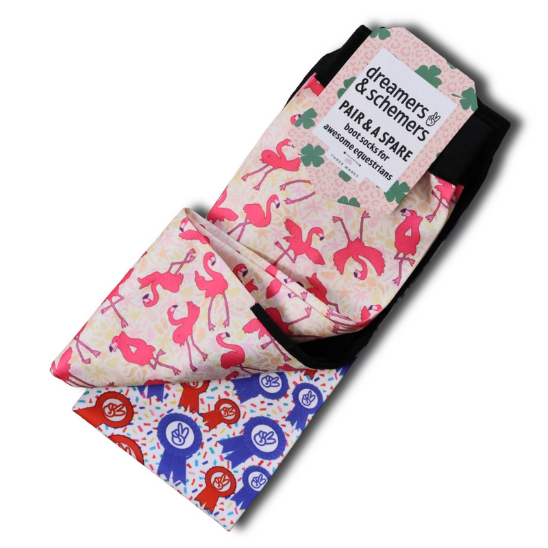 Flamingo Dance Pair black top boot socks with spare magical third sock pack