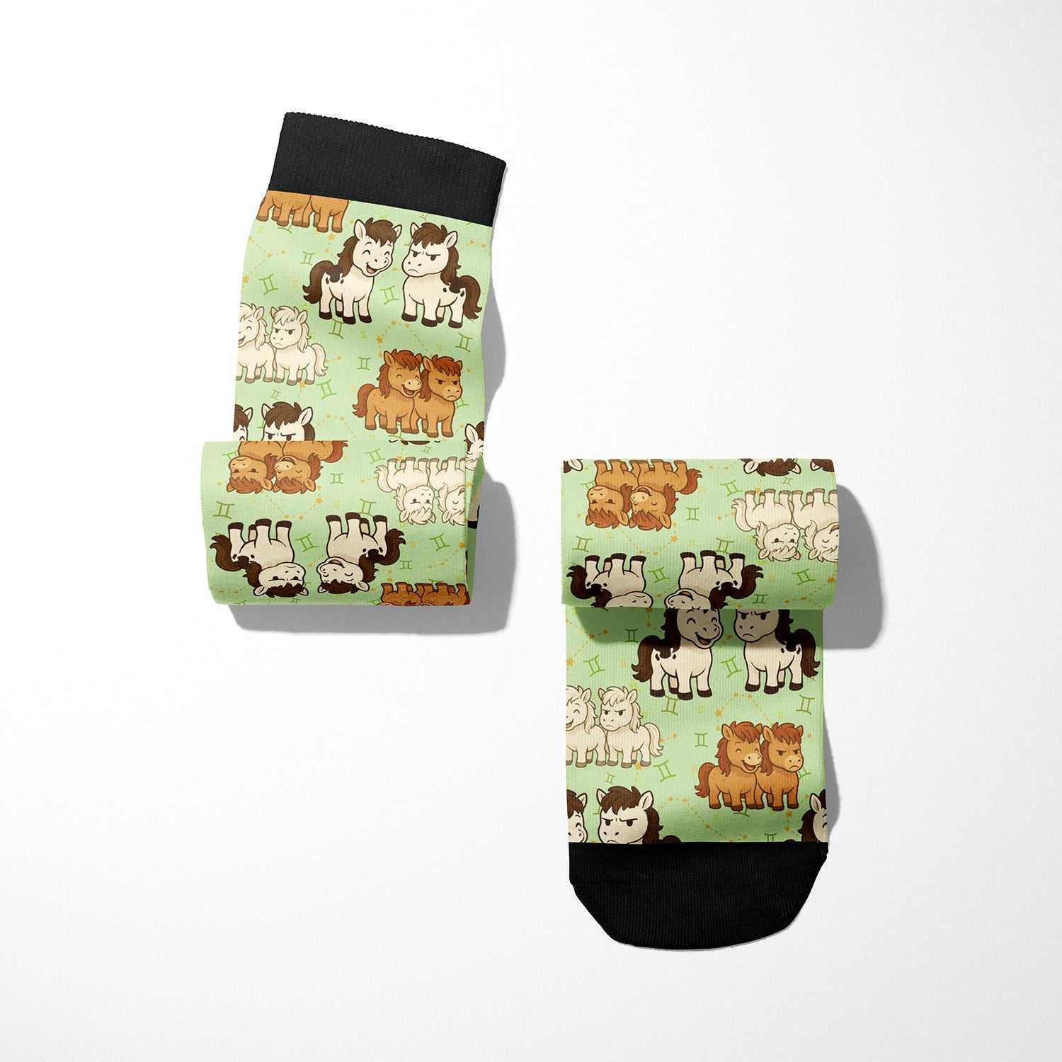 Limited edition Gemini zodiac boot socks with cute horse patterns, made in the USA, one size fits most